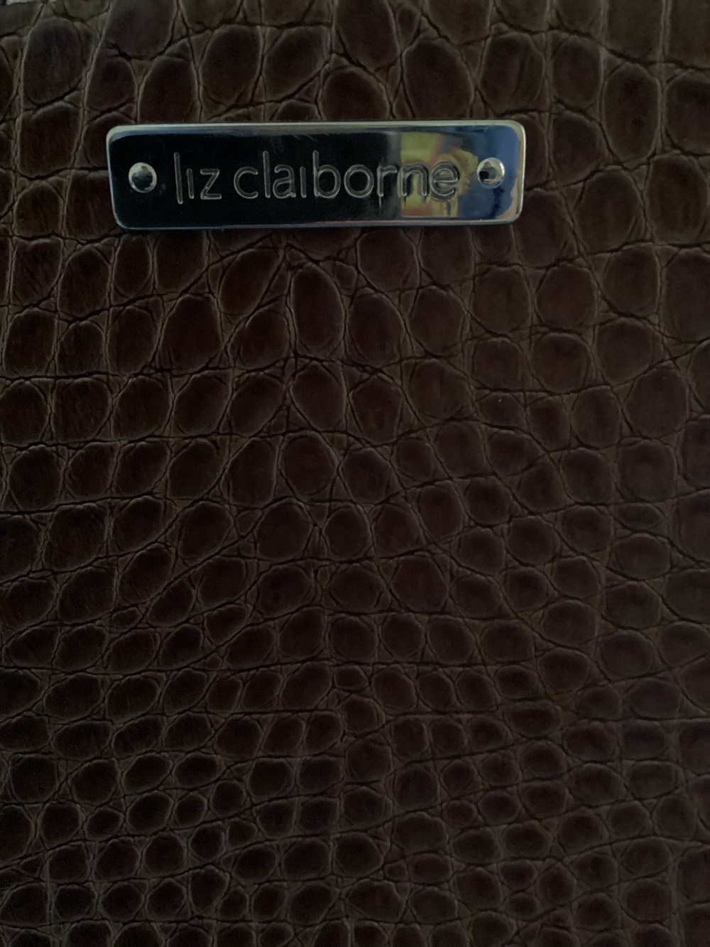 Liz Claiborne Dark Brown Croc-Embossed Tote- 1 call out bottom corner rubbing